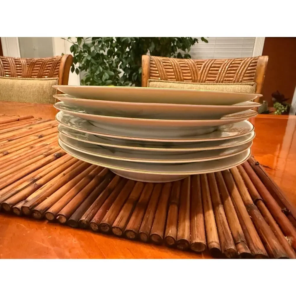 Narumi Japan Bamboo Fine Bone China Rimmed Soup Bowls Gold Trim Set of 7 VTG 8.5